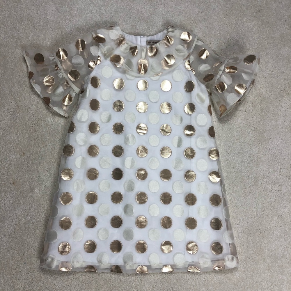 Hucklebones Gold Ivory Dots Ruffle Shift Dress